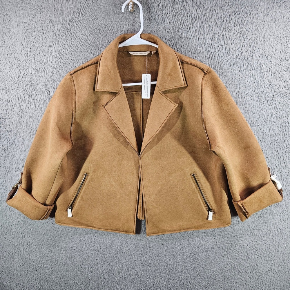 Soft‎ Surroundings Tan Faux Suede Raw Edge Open Front Jacket Large Camel NEW